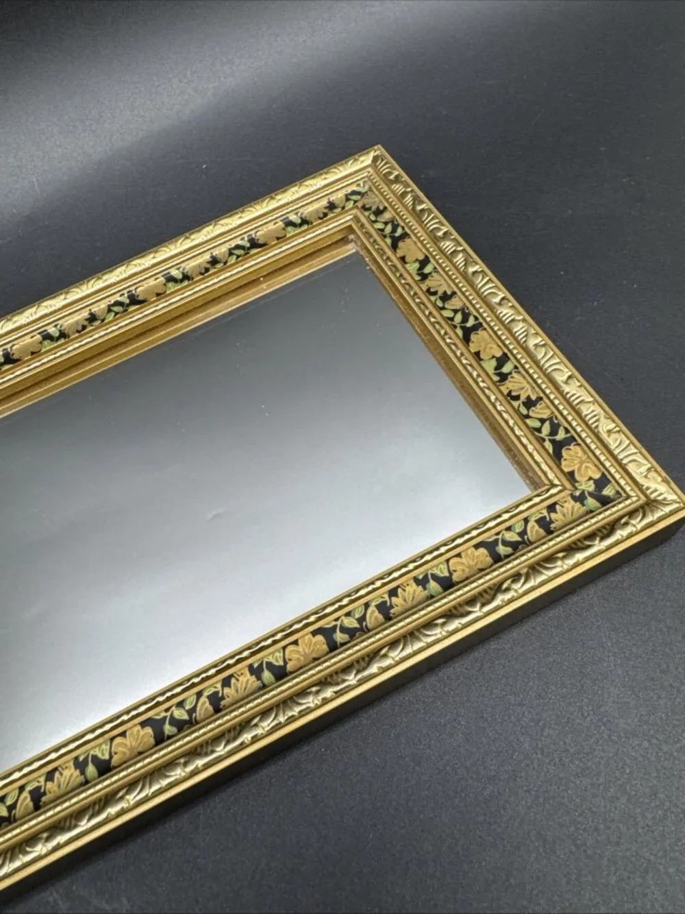 Vintage Floral Ornate Gold Narrow Rectangle Wall Gallery Mirror 15.25x5.25”